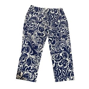 Chico’s Women’s Size 00 Blue White Floral Crop Capri Pants Side Zip Stretch